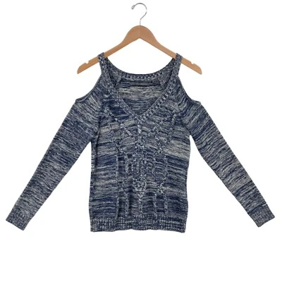 GUESS Sweater Womens Small Navy White Striped Knit Cotton Cold Shoulder Sleeve - Image 1 of 4