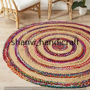 Reversible Braided Natural & Multi Colour Round Jute Cotton Rug Floor Decor Rags - Picture 1 of 6