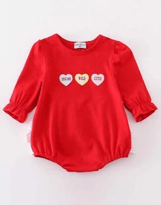 Girl's Boutique Premium Red Valentine Heart Applique Embroidery Embroidered Romp - Picture 1 of 7