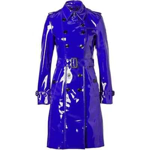 Abrigo gótico brillante de vinilo de trinchera para mujer PVC emo abrigo de cuero sintético azul de alta calidad - Imagen 1 de 10