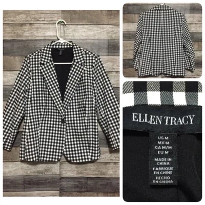 Ellen Tracy Gingham Plaid Blazer Women’s M Black White Single Button - Image 1 of 4
