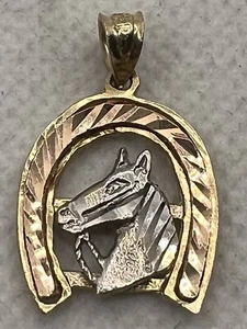 Solid 14K Tricolor Gold Diamond Cut HORSE HEAD & HORSESHOE Charm Pendant 2.5gr. - Picture 1 of 14