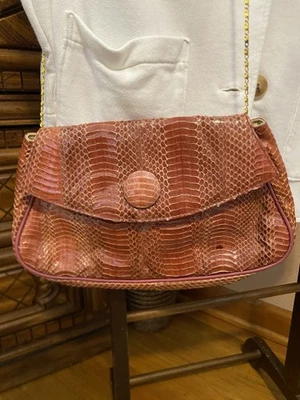 Vintage J. Renee 80’s Chic Salmon Pink Snakeskin Clutch / Purse Gold Chain Strap - Image 1 of 4