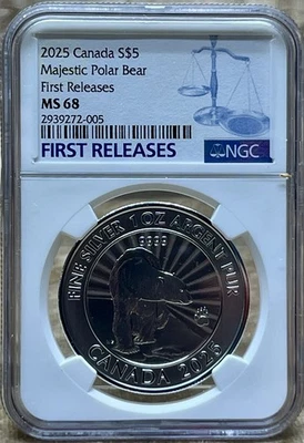 Canada 2025 S$5 Majestic Polar Bear NGC MS68 First Releases Mintage 5K Only - Image 1 of 4