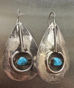 Grandi orecchini vintage Navajo modernisti argento sterling goccia turchese - Foto 1 di 8