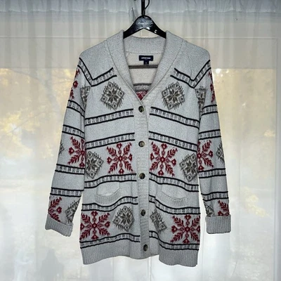 Christmas Lands End Knit Sweater L Cream Red Fair Isle Snowflake Long Cardigan - Image 1 of 4