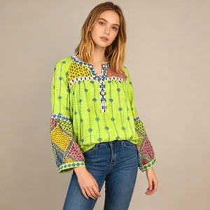 NUEVO SIN ETIQUETAS John Mark Bordado Tejido Multi Patchwork Túnica Top Blusa Camisa Talla XL - Imagen 1 de 13