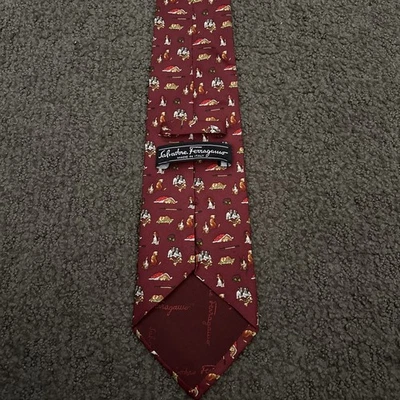 Lim. Salvatore Ferragamo Men's Silk Tie Red/Maroon Variety of Dogs Pattern Italy - Image 1 of 4