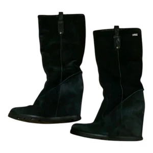 UGG Soleil Wedge Heeled Boots Size 8 Black Y2K Suede Leather - Picture 1 of 6