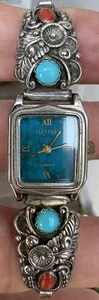 JOYAS ~ VINTAGE ~ CORREA DE RELOJ NATIVA de plata esterlina turquesa y coral marca STC - Imagen 1 de 5