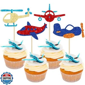 Gyufise 24 Stück Flugzeug Cupcake Topper Glitzer Flugzeug Cupcake Picks Flugzeug C - Bild 1 von 5