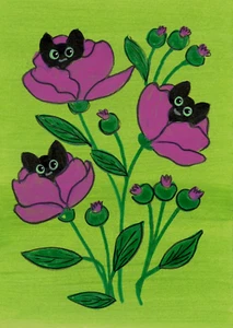 ACEO Mini **Art Print** Black Kitty Cats Kittens & Purple Flowers by Saulite - Picture 1 of 1