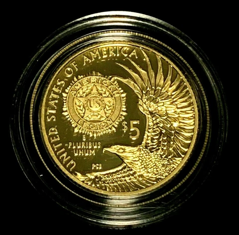 2019 W $5 Gold American Legion 100th Anniversary Coin + Original Box & COA Cover
