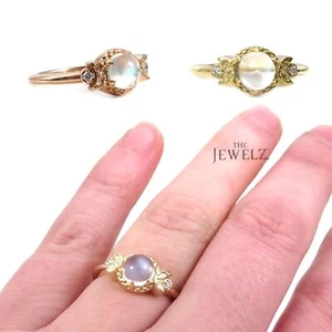 14K Gold Black VS/F-G Diamond And Rainbow Moonstone Crescent Moon Band Ring - Picture 1 of 6