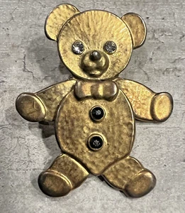 Vintage Pendant Gold Teddy Bear/Diamond Eyes, Blk. Buttons Metal Moveable Parts - Picture 1 of 4