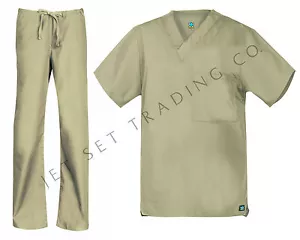 Maevn Unisex Khaki Scrub Set One Pocket V-Neck Top Drawstring Pants 2XS to 2XL - Picture 1 of 3