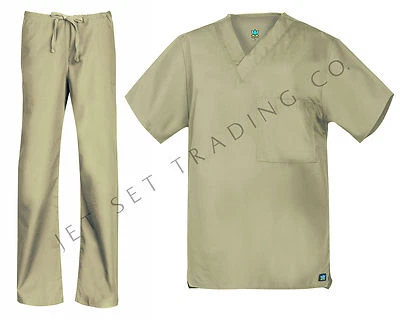 Maevn Unisex Caqui Conjunto Exfoliante Un Bolsillo Cuello en V Top Pantalones con Cordón 2XS a 2XL Foto 1 de 3