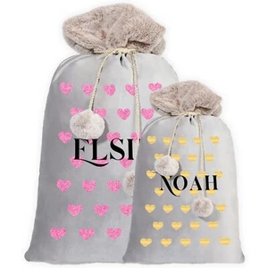 Personalisierter Samt Sack in Grau mit Liebe Herz Weihnachtsgeschenk für Kinder - Bild 1 von 7