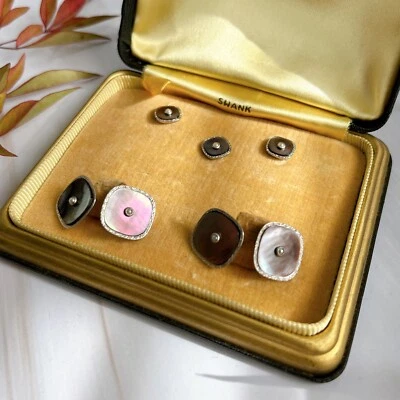 Art Deco Swank Gold-Plate, Abalone Shell, and Pearl Cufflinks With Original Box - Image 1 of 4