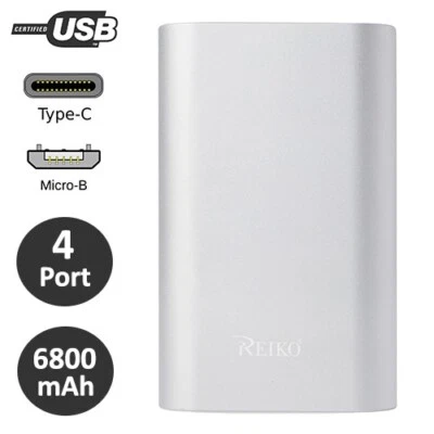 Portable Power Bank 6800mAh 2A with 2 USB Port USB-A Type C & Micro B Silver - Image 1 of 4