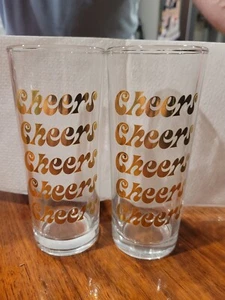 Set Of 2 Vintage 70s Highball Tall Slim Gold Graphic CHEERS Glasses - Picture 1 of 2