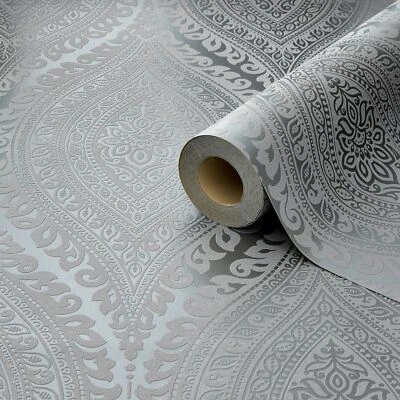KISMET DAMASK GLITTER HIGHLIGHTED WALLPAPER SILVER GRANDECO A17703 - Image 1 of 3