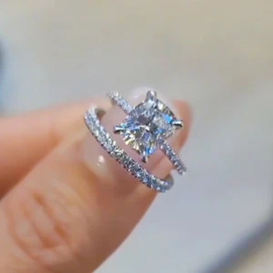 3.87 TCW Cushion Lab Moissanite Wedding Bridal Set Ring In 14k White Gold Plated - Picture 1 of 11