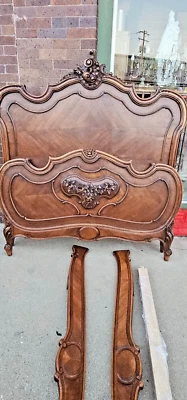 antigo francês Louis the XV esculpido em madeira ornamentado cama completa estilo rococó barroco - Imagem 1 de 4