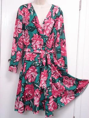Novo Vestido TAHARI Tamanho 14 Ajuste Flare Rosa Verde Peônia Cinto de Gravata de Páscoa Manga Longa - Imagem 1 de 4