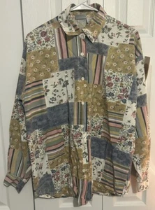 Vintage & Second Hand Multi Color Patch Boyfriend Button Down Blouse Long Sleeve - Picture 1 of 15