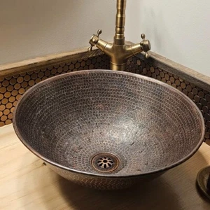 14" Round Copper Vessel Bath Sink Highlighted in Brushed Sedona, Drain Included - Picture 1 of 2