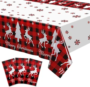Merry Christmas Table Cloth Plastic Buffalo Plaid Table Cover Red and Black Chec - Picture 1 of 7