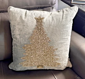 Glitz + Glimmer  Silver and Gold Beaded Tree, Blue Velvet Throw Pillow 18" - Picture 1 of 10