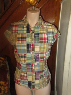Camisa de retazos Tommy Hilfiger Madras manga corta abotonada pequeña para damas Foto 1 de 4