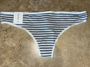 NWT Calvin Klein Cotton Form Thong Panty QD3643 Gray White Stripe XL - Picture 1 of 2
