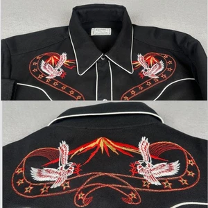 Vintage H Bar C Shirt Mens XL Black Pearl Snap Double Sided Eagle Gabardine 70s - Picture 1 of 15
