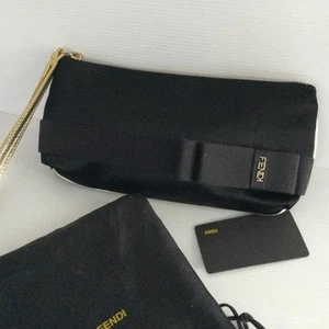 FENDI BLACK EVENING BAG WITH SHINY GOLD TRIMS SHINY GOLD WRISTLET MADE IN ITALY - Picture 1 of 7