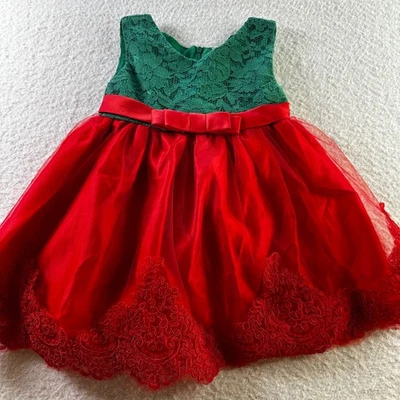 Niñas Verde Encaje Rojo Tul Lazo Navidad Vacaciones Formal Fiesta Vestido 24M Festivo Foto 1 de 4