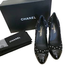 Chanel Black Suede Leather CC Logo Cap Toe High Heels Pearl Pumps 8 38.5 G33423 - Picture 1 of 13