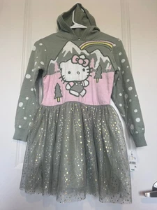 Hello Kitty Girls Hoodie Sweater Dress Tulle Sz M Green Pink Polka Dots Glitter - Picture 1 of 7