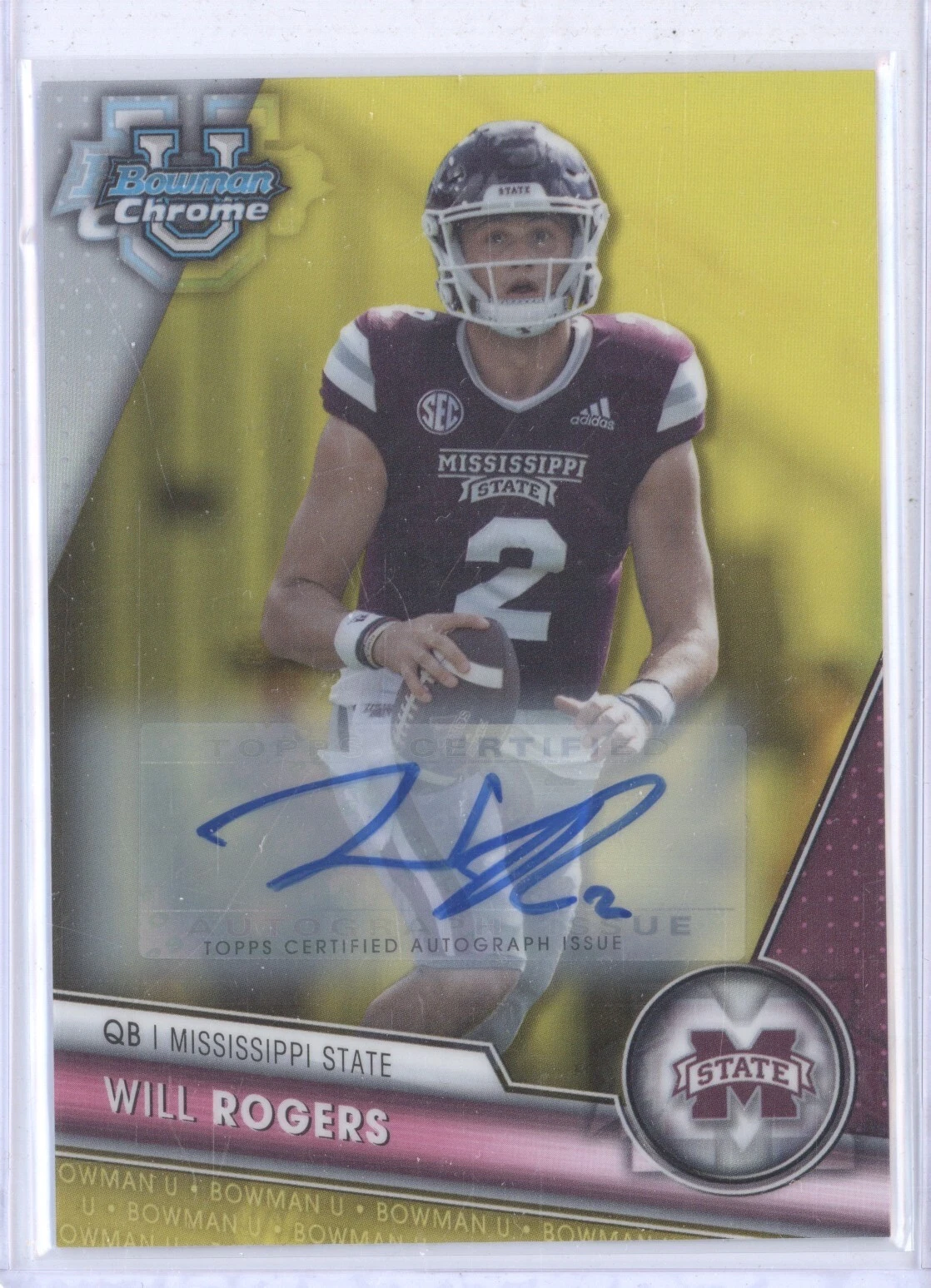 WILL ROGERS 2023 BOWMAN UNIVERSITY CHROME #179 YELLOW REFRACTOR AUTO 36/75
