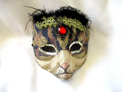 Victorian Trading Co Máscara de gato de Halloween adornada lentejuelas gemas de imitación RARA Foto 1 de 2