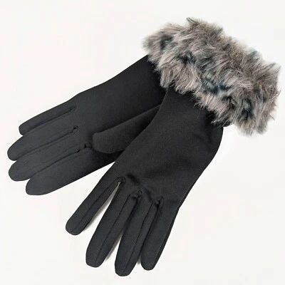 NEW Women Warm Soft Cosy Fleece Ladies Black Leopard Ladies Gloves Faux Fur Trim
