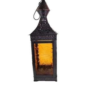 Metal Hanging Amber Panels Lantern Tea Light - Picture 1 of 7