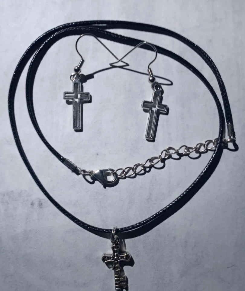 KEY CROSS LEATHER NECKLACE CROSS HOOK  EARRING 2 PC SET - Image 1 of 4