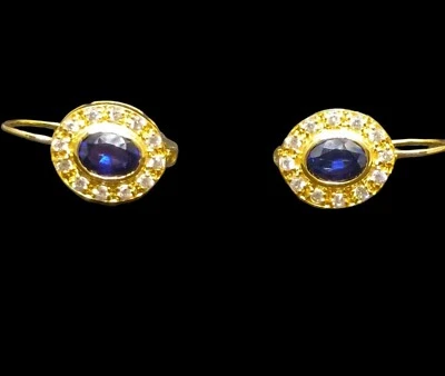 2,50 Ct Oval Simulierte Blaue Saphir Halo Ohrstecker 14k Gelbgold Beschichtet - Bild 1 von 4