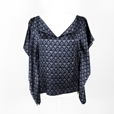 Blusa W by Worth Estampado Geométrico Seda Dividido/Cuello en V Pañuelo Dobladillo Gris Marino P Foto 1 de 4