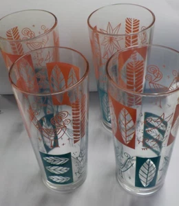 Mid Century Glass Tumblers Teal & Pink Bird Chicken Leaves Flower Lot of 4 - Picture 1 of 9