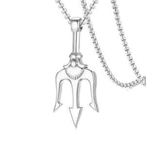 Silver Poseidon Trident Pendant Necklace For Men Punk Rock Jewelry Box Chain 24" - Picture 1 of 5