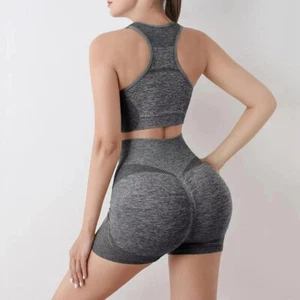 2-teiliges nahtloses Yoga-Set Fitness Sport BH kurzes Oberteil hochtaillierte Shorts Outfits Fitnessstudio - Bild 1 von 27